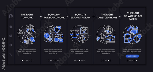 Immigrant worker rights onboarding vector template. Responsive mobile website with icons. Web page walkthrough 5 step screens. Legal labor abroad dark mode concept with linear illustrations