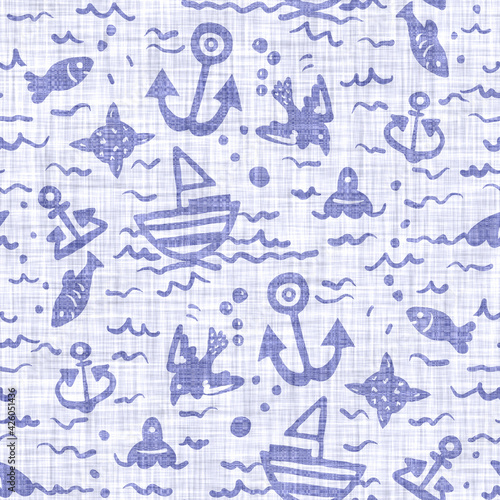Denim blue white tonal sail boat linen texture. Seamless textile effect background. Weathered indigo dye pattern. Modern coastal cottage beach home sailor decor. Rustic vintage 2 tone maritime fabric 