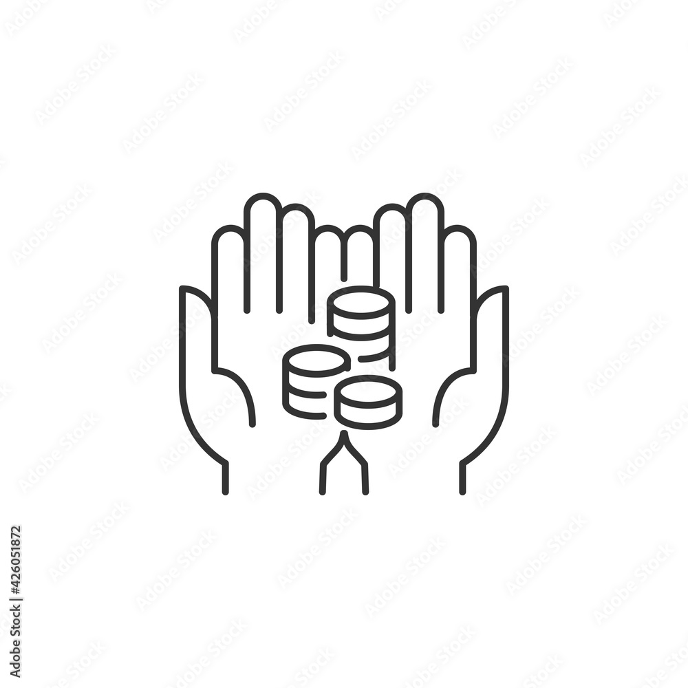 Coins in Palms Related Vector Line Icon. Sign Isolated on the White Background. Editable Stroke EPS file. Vector illustration. Coins in Palms Related Vector Line Icon. Sign Isolated on the White Background. Editable Stroke EPS file. Vector illustration.