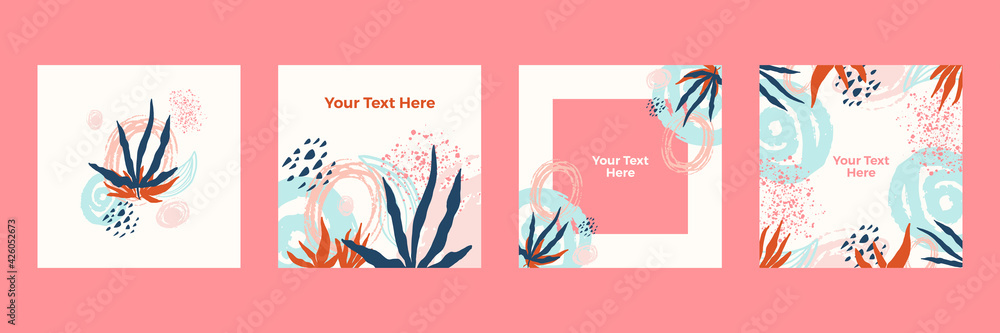 Universal greeting cards with floral. Trendy square. Wedding Invitation, floral invite thank you, rsvp modern card design in colourful leaf greenery branches decorative Vector elegant rustic template