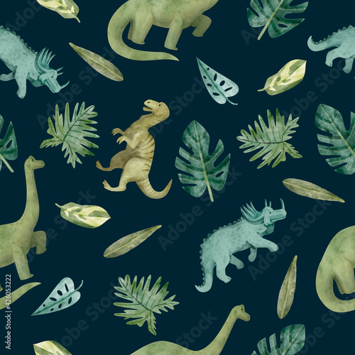 Watercolor seamless pattern with dinosaurs and leaves
