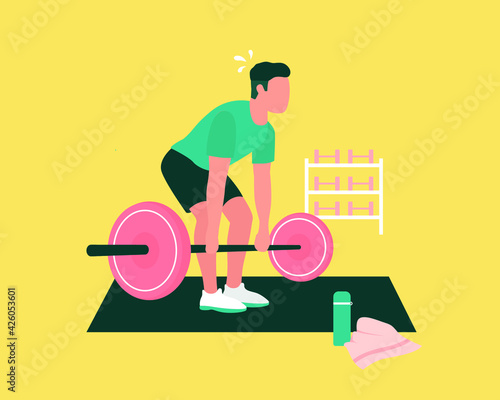 Strong man lifting weight exercise at the gym. Men with barbel on the yoga mat. sport exercise vector concept