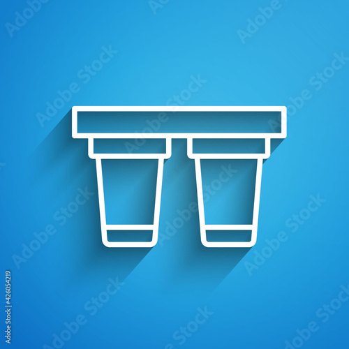 White line Water filter icon isolated on blue background. System for filtration of water. Reverse osmosis system. Long shadow. Vector