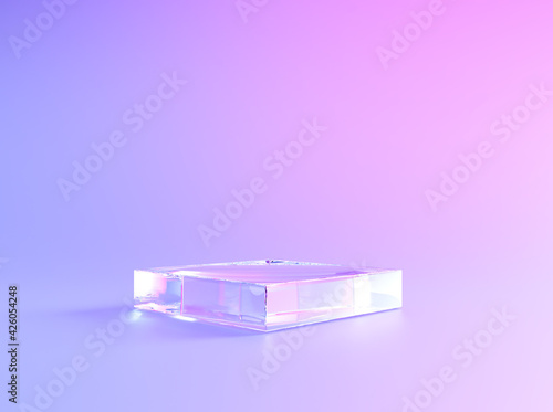 Podium of glass, product display background, 3D transparent stage stand. Luxury crystal glass product display or presentation podium, square glass and light