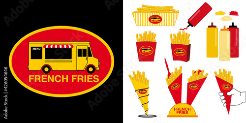 Logo ou tampon pour une baraque à frite ou « food truck » - nourriture préparée à bord d’un camion stationné en ville et divers packaging pour emballer les frites. photo