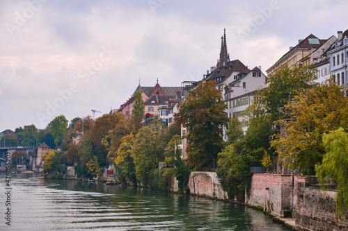 View of a house front on the banks of the Rhine in Basel, Switzerland, in the fall of 2020.