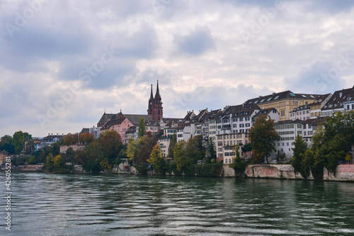 View of a house front on the banks of the Rhine in Basel, Switzerland, in the fall of 2020.