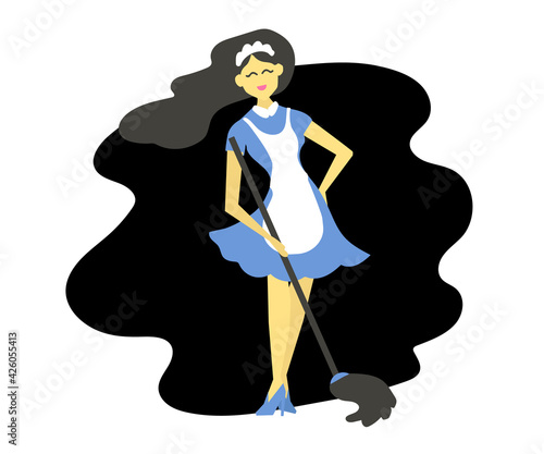 Cleaning lady with cleaning equipment. Symbol. Vector illustration.
