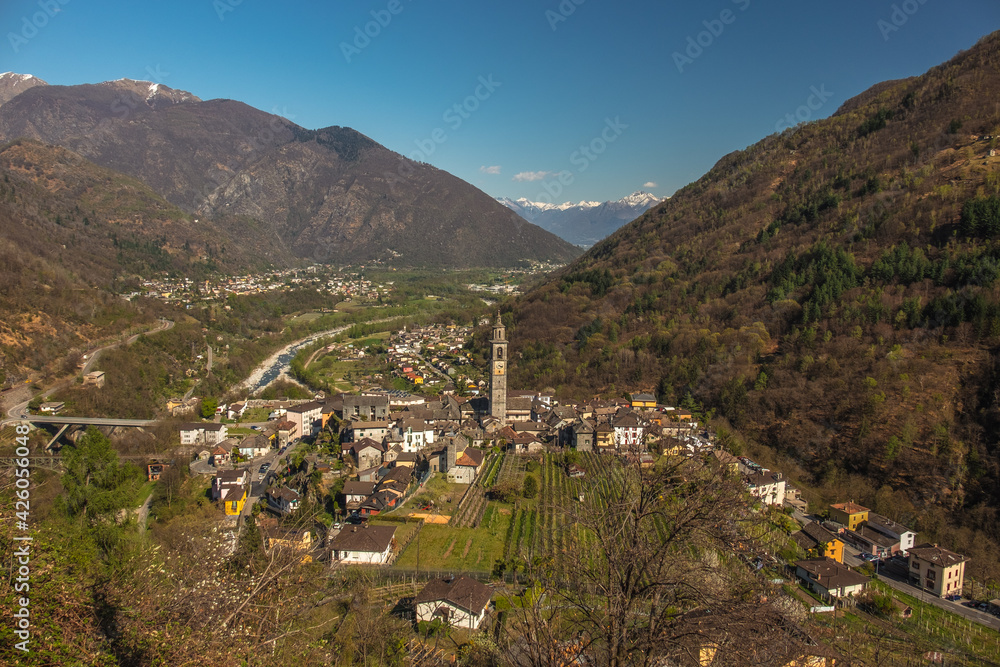 Landscape view of the mountain town of Intragna, with mountains in the background, shot in Centovalli, Ticino, Switzerland