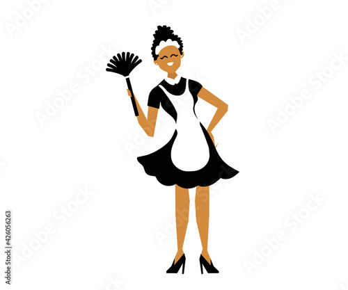 Cleaning lady with cleaning equipment. Cartoon. Vector illustration.