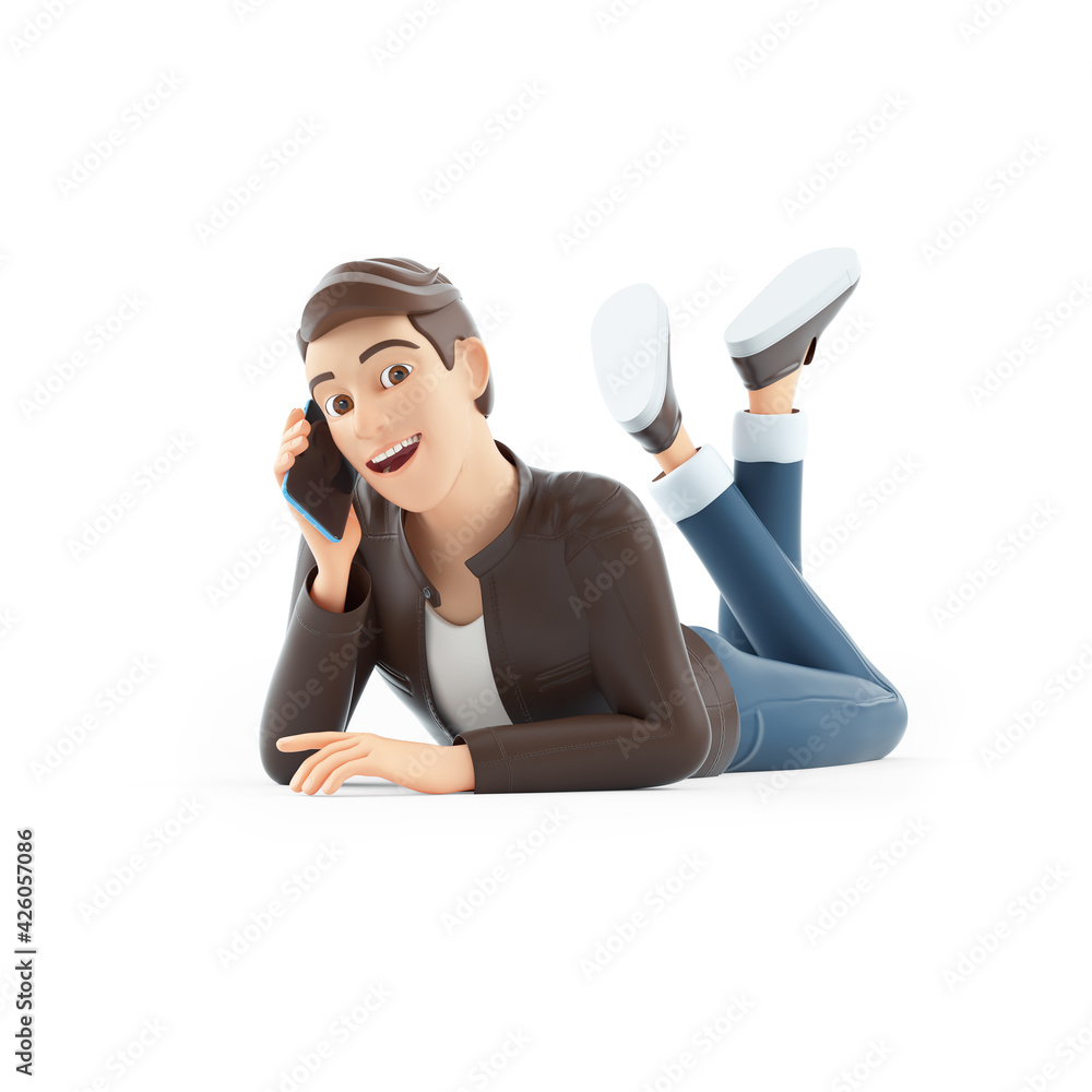 3d cartoon man talking on phone and lying down on floor Stock Illustration  | Adobe Stock