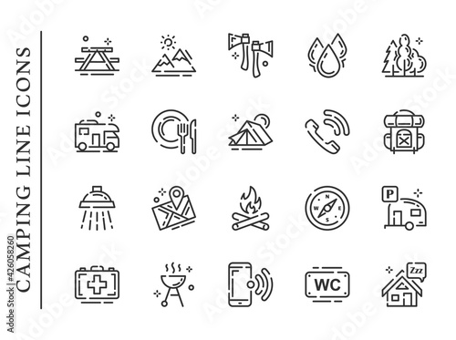 Camping line icons set isolated on white background