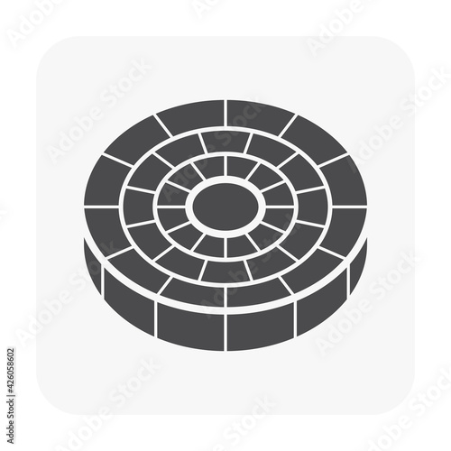 Concrete paver block pavement floor or brick vector icon. For landscape, outdoor, garden by paving on ground to create circle or round pattern. That sidewalk, road, patio, path, street or walkway.