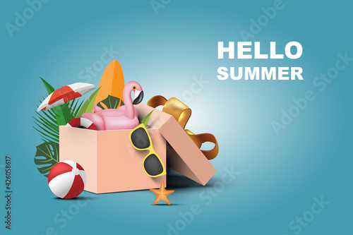 Vector Hello Summer Holiday typographic illustration with gift box. Tropical plants, flower, beach ball, flamingo, Sunglasses, surfboard and sunshade with blue sky. Design template for banner, flyer.