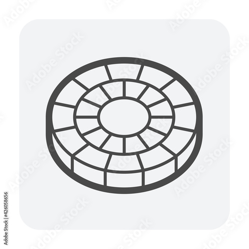 Concrete paver block pavement floor or brick vector icon. For landscape, outdoor, garden by paving on ground to create circle or round pattern. That sidewalk, road, patio, path, street or walkway.