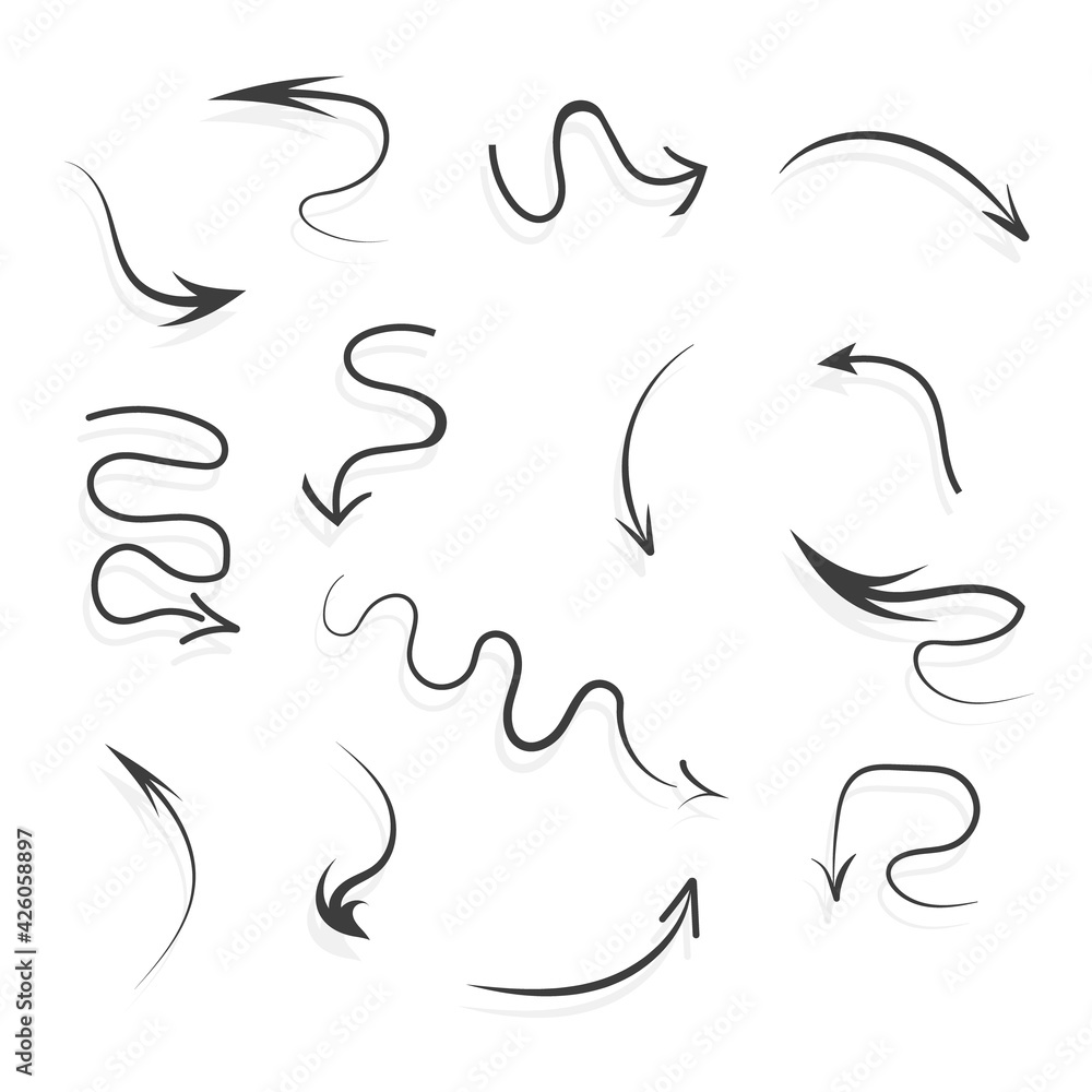 Obraz premium Infographic elements on isolated white background. Hand drawn simple arrows. Line art. Set of different pointers. Abstract indicators. Black and white illustration.