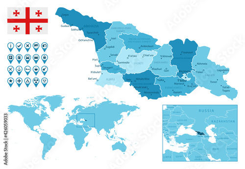 Georgia detailed administrative blue map with country flag and location on the world map. Vector illustration