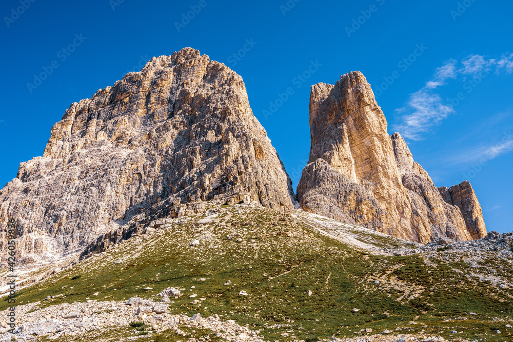 Panoramic view of the Sexten Dolomites in Italy..View of the Three Peaks.