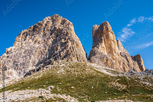 Panoramic view of the Sexten Dolomites in Italy..View of the Three Peaks.