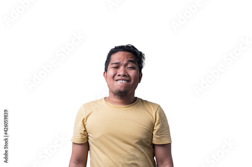 Face reaction, Asian young man portrait of face expression, swag jutsu face as viral on social media. Isolated, selective focus, copy space