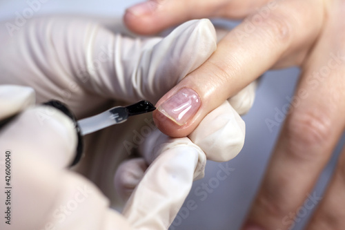 Manicure coating of nails on women s hands with gel polish in a beauty salon by a specialist. Close-up. Space for text