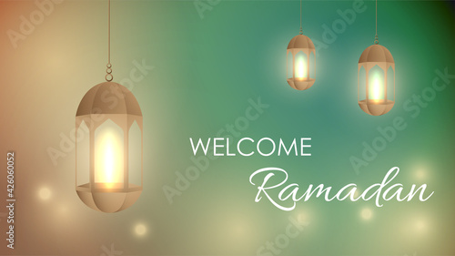 Ramadan kareem greeting card template with gold ramadan lantern, islamic background banner wallpaper vector illustration. Arabic text translation : ramadan kareem, holy month for muslim