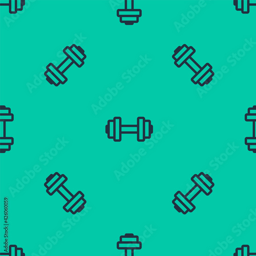 Blue line Dumbbell icon isolated seamless pattern on green background. Muscle lifting icon, fitness barbell, gym, sports equipment, exercise bumbbell. Vector