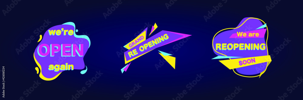 Fototapeta premium Neon reopening banner on blue background 