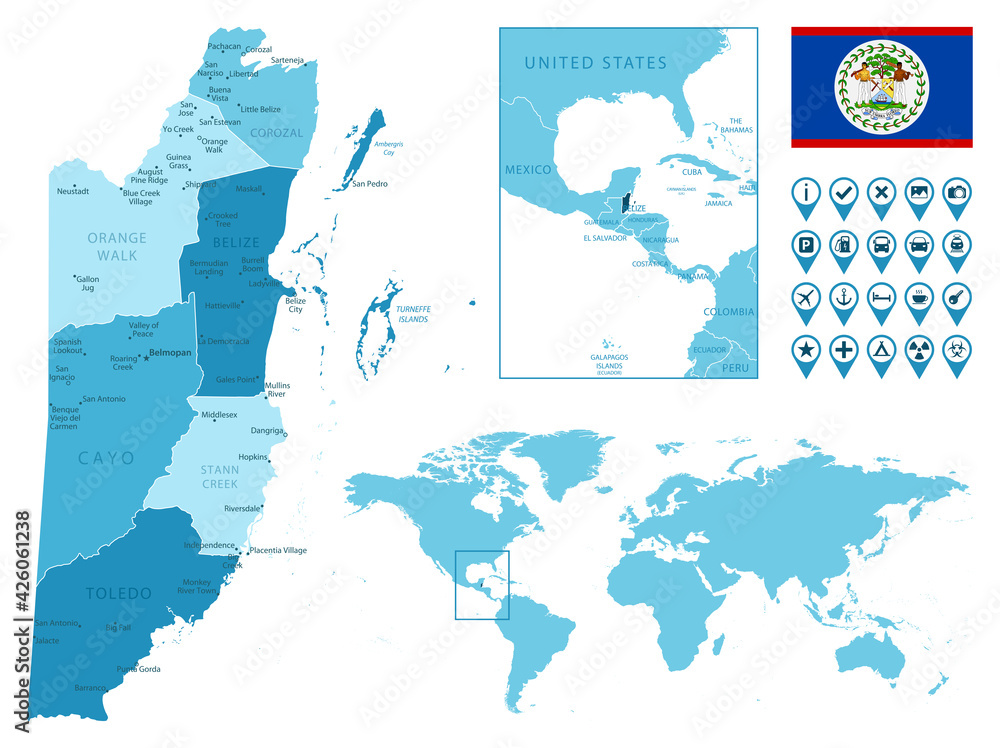 Belize detailed administrative blue map with country flag and location ...