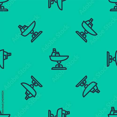 Blue line Swing boat on the playground icon isolated seamless pattern on green background. Childrens carousel with boat. Amusement icon. Vector