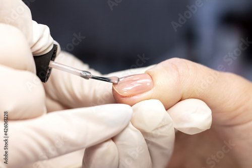 Manicure coating of nails on women s hands with gel polish in a beauty salon by a specialist. Close-up. Space for text