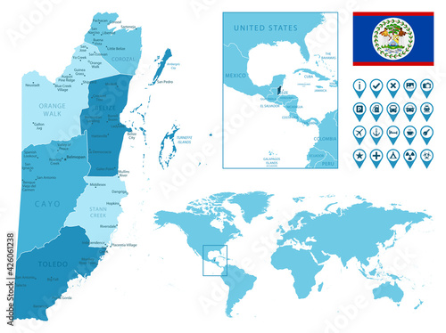 Belize detailed administrative blue map with country flag and location on the world map. Vector illustration