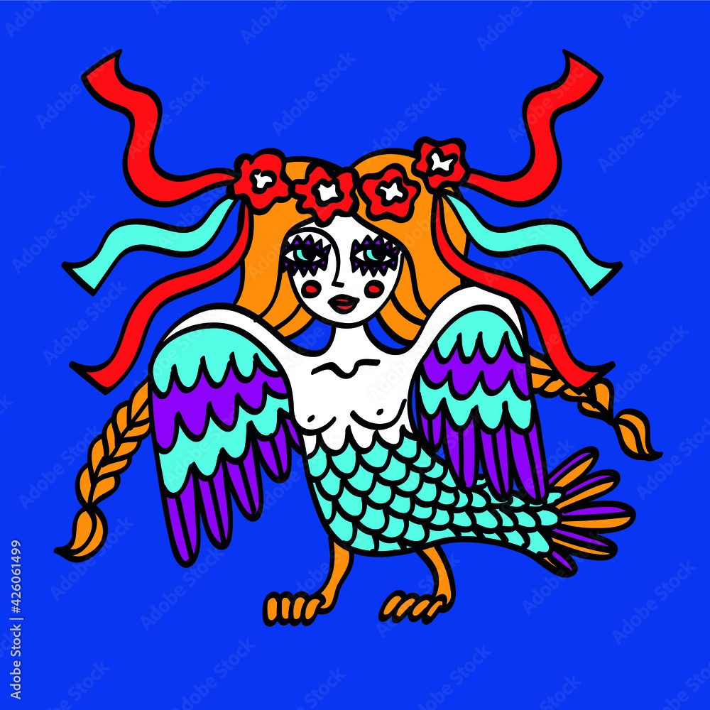 Obraz premium Ukrainian girl mavka siren with wings on a blue background