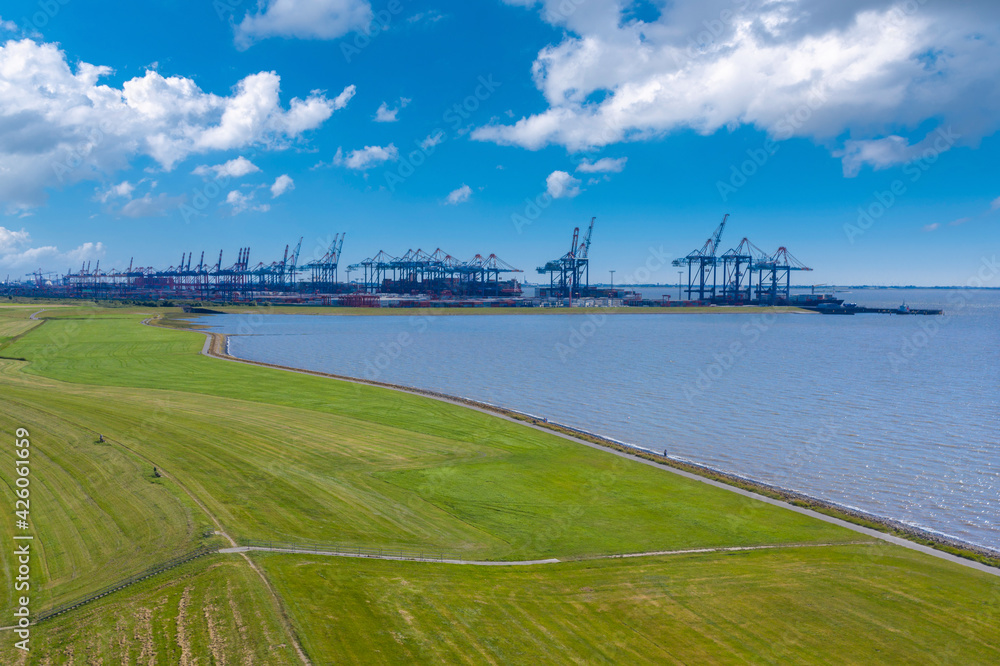 Fototapeta premium Aerial view with Eurogate Container Terminal near Imsum
