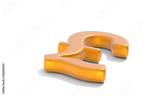 3d English pound symbol, gold color, on white background.