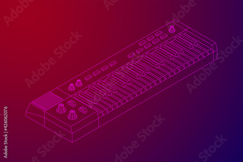 Piano roll analog synthesizer faders buttons knobs. Wireframe low poly mesh vector illustration.