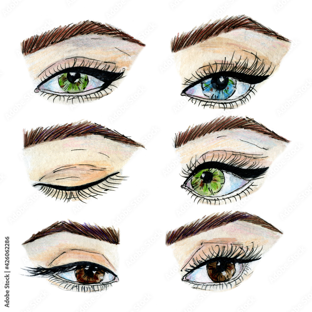 Eyes hand drawn watercolor clip art set