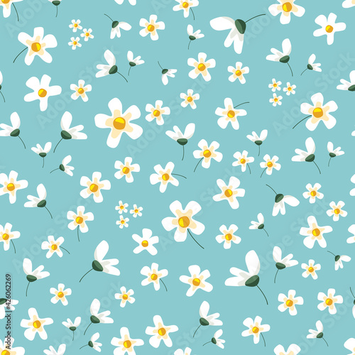 Floral romantic seamless pattern. Spring pastel blue background. Vector