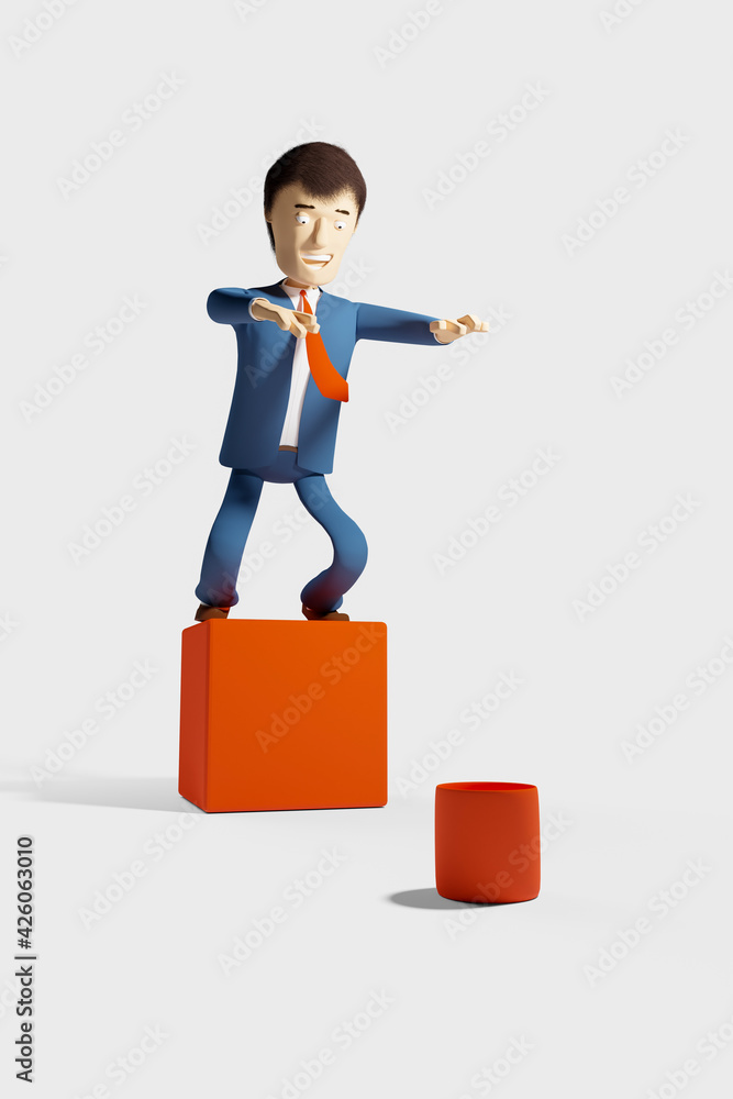 Crazy cartoon businessman preparing to jump into bucket. 3D Rendering. Crazy cartoon businessman preparing to jump into bucket. 3D Rendering.