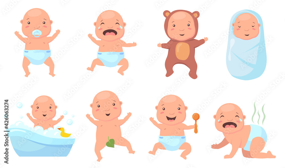 Cute babies in different poses flat pictures set. Cartoon infant characters bathing, crying, pooping, sleeping isolated vector illustrations. Newborn and childhood concept Cute babies in different poses flat pictures set. Cartoon infant characters bathing, crying, pooping, sleeping isolated vector illustrations. Newborn and childhood concept