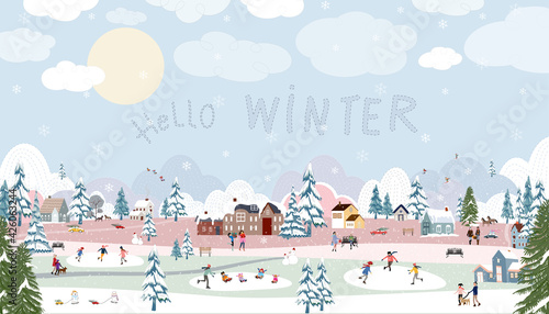 Winter landscape at night with people having fun doing outdoor activities on new year,Christmas day in village with people celebration, kid playing ice skates, teenagers skiing with snow falling