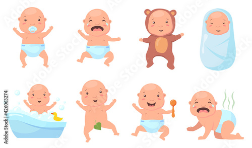 Cute babies in different poses flat pictures set. Cartoon infant characters bathing, crying, pooping, sleeping isolated vector illustrations. Newborn and childhood concept