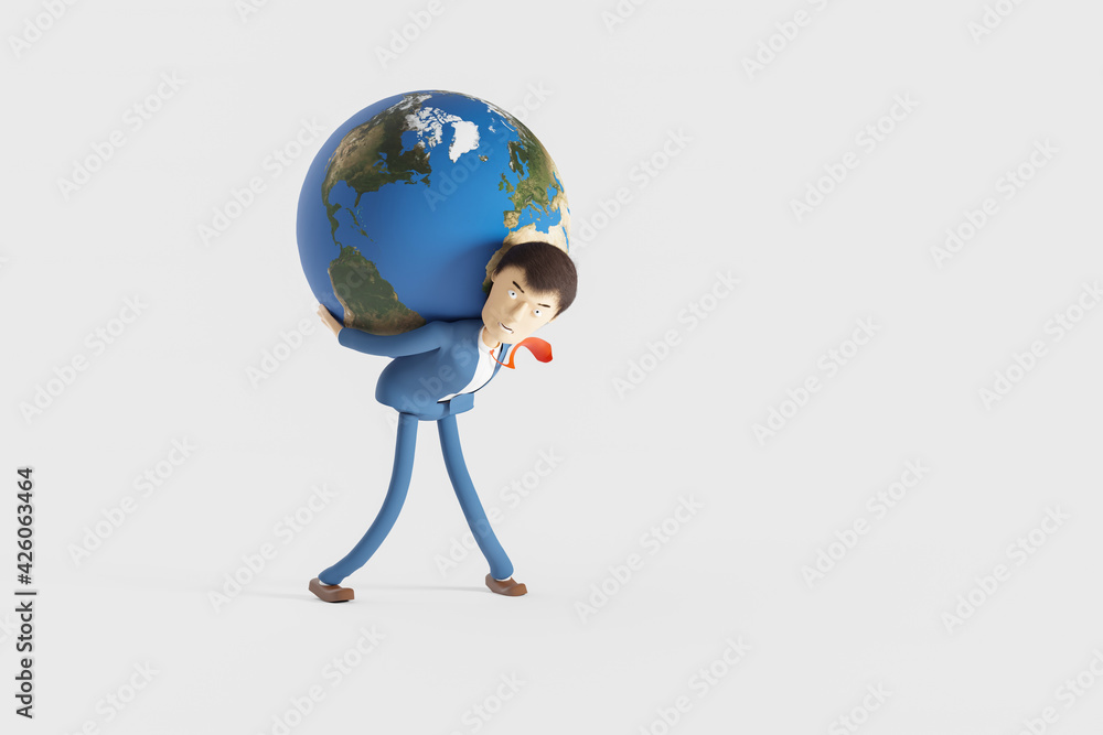 Businessman carrying the planet earth on his back and looking serious. 3D Rendering. Businessman carrying the planet earth on his back and looking serious. 3D Rendering.