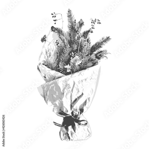 Vector hatching drawing with Winter Bouquet. Vintage vector illustration.