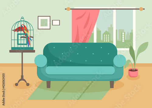 Exotic parrot in cage in living room. Domestic multicolored ara, pet macaw, wild tropical bird in cage cartoon vector illustration. Pets, domesticated wild birds concept