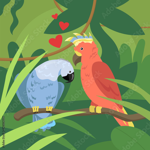 Cute parrots couple in love on branch. Wild tropical birds  exotic multicolored parrots  lovebirds flat cartoon vector illustration. Wildlife  jungle fauna  valentine concept for postcard