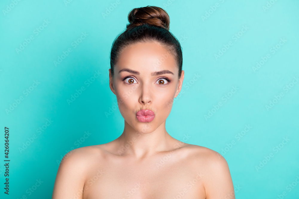 Photo of young lovely charming woman pout lips kiss wear no clothes