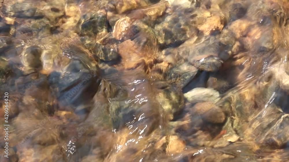 Water flowing on the stones. Mountain stream in sunny day Water flowing on the stones. Mountain stream in sunny day