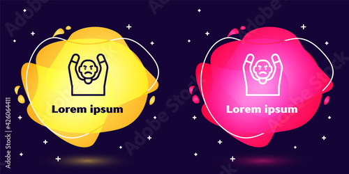 Set line Thief surrendering hands up icon isolated on blue background. Man surrendering with both hands raised in air. Abstract banner with liquid shapes. Vector