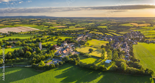 Aerial vista of the rural village of Morchard Bishop in summer, Devon, England, United Kingdom